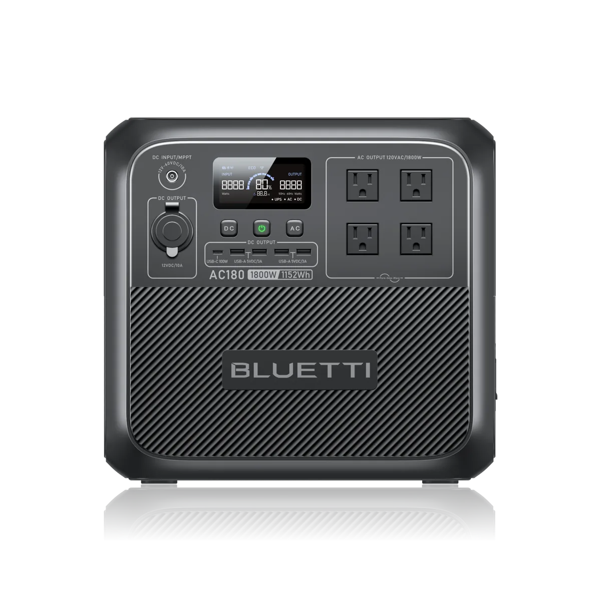 Bluetti AC180 portable power station front view showing display screen and AC outlets