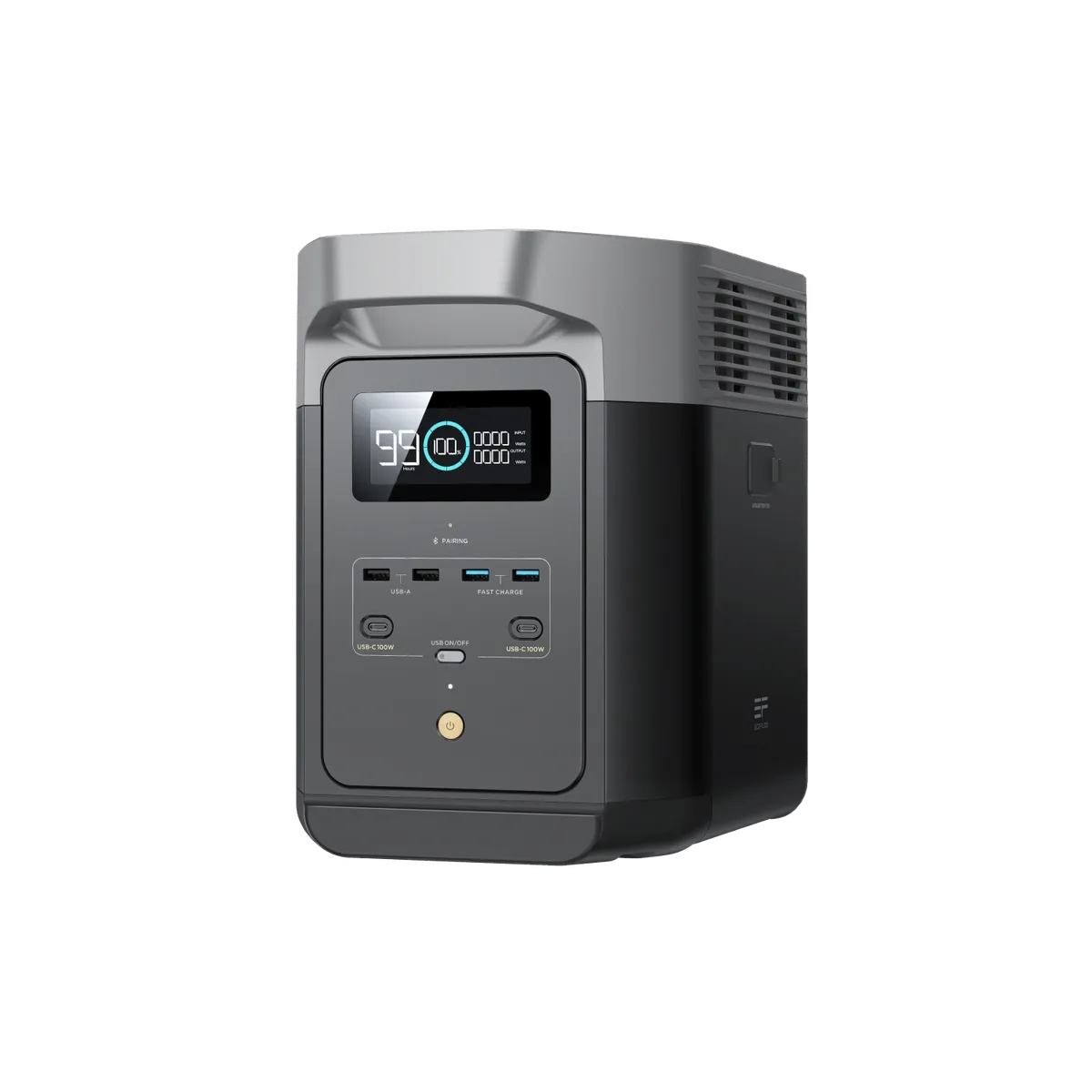 EcoFlow Delta 2 portable power station with display screen showing battery percentage